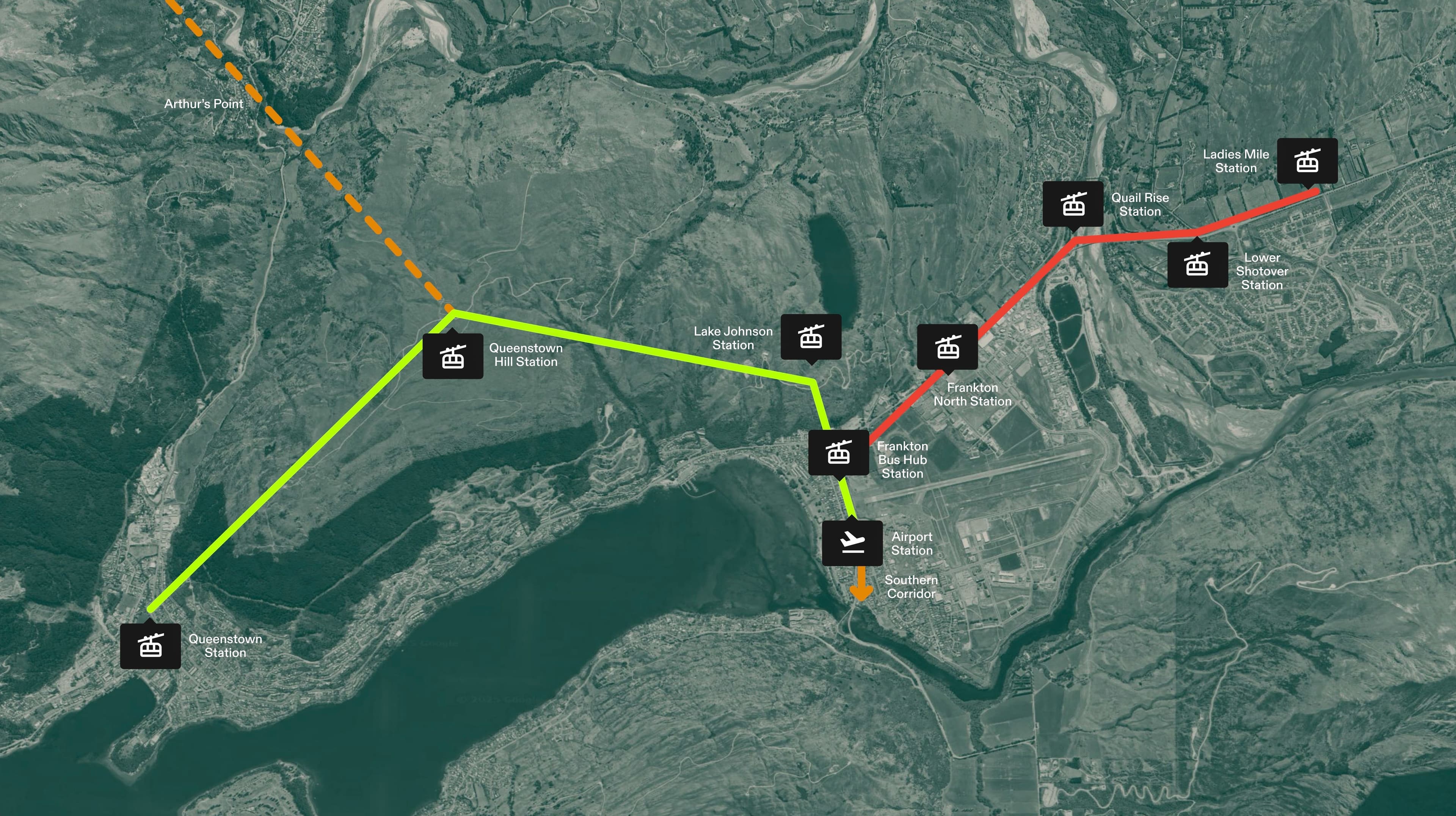 Map of the proposed route and stations for the Queenstown Cable Car. Includes stations at central Queenstown, Arthurs Point, Queenstown Hill, Lake Johnson, Frankton, Airport, Ferry Hill, Quail Rise, Lower Shotover and Ladies Mile